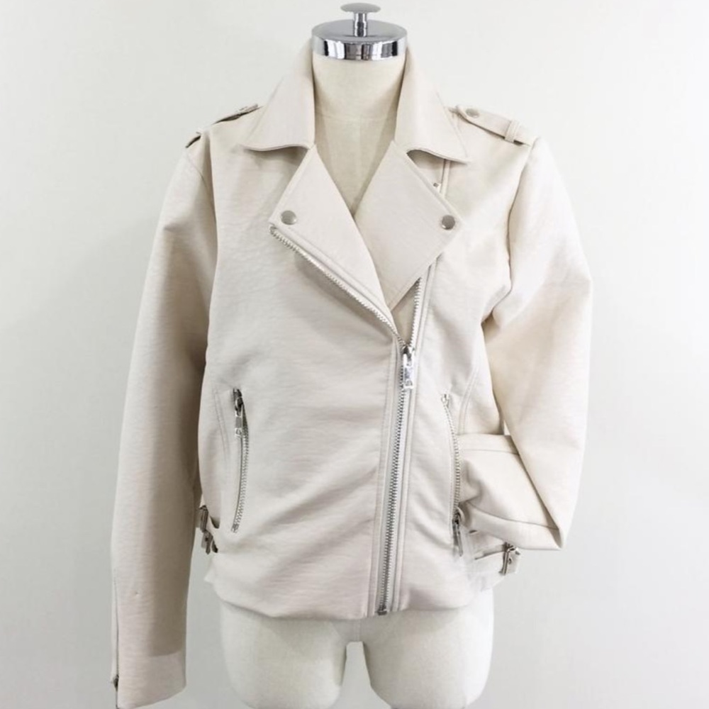 Moon River Cream Biker Faux Leather Jacket